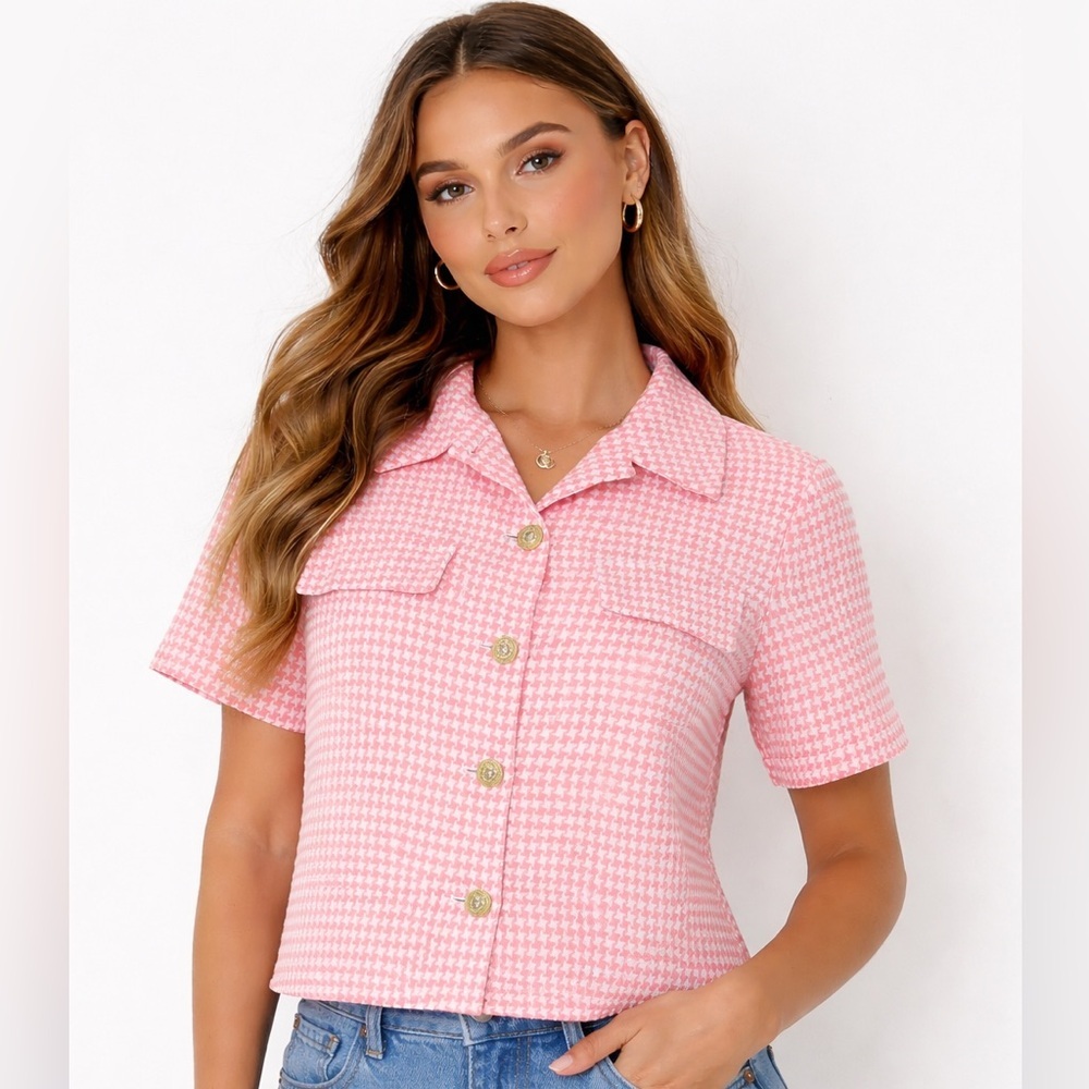 Boohoo Pink Houndstooth Short Sleeve Blazer Jacket